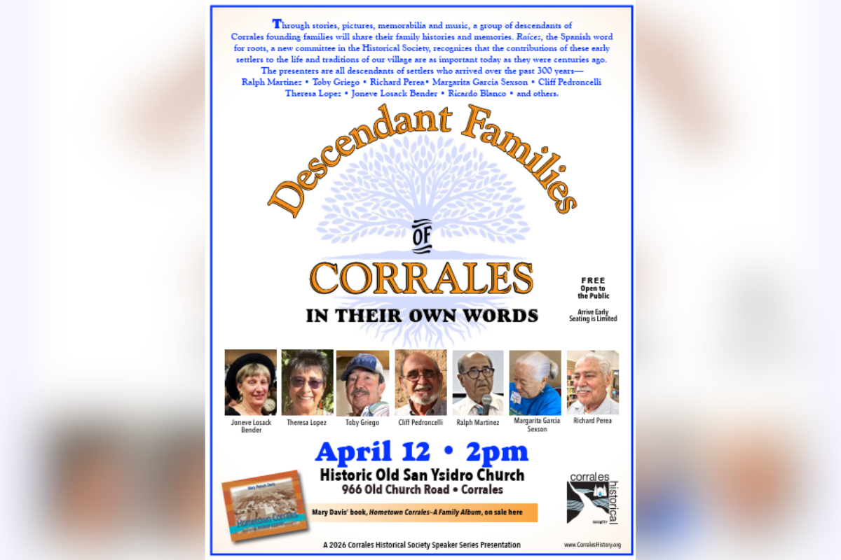Eight descendants of Corrales founding families will share stories, pictures, memorabilia and music Sunday afternoon in a free public panel discussion at the Historic Old San Ysidro Church.