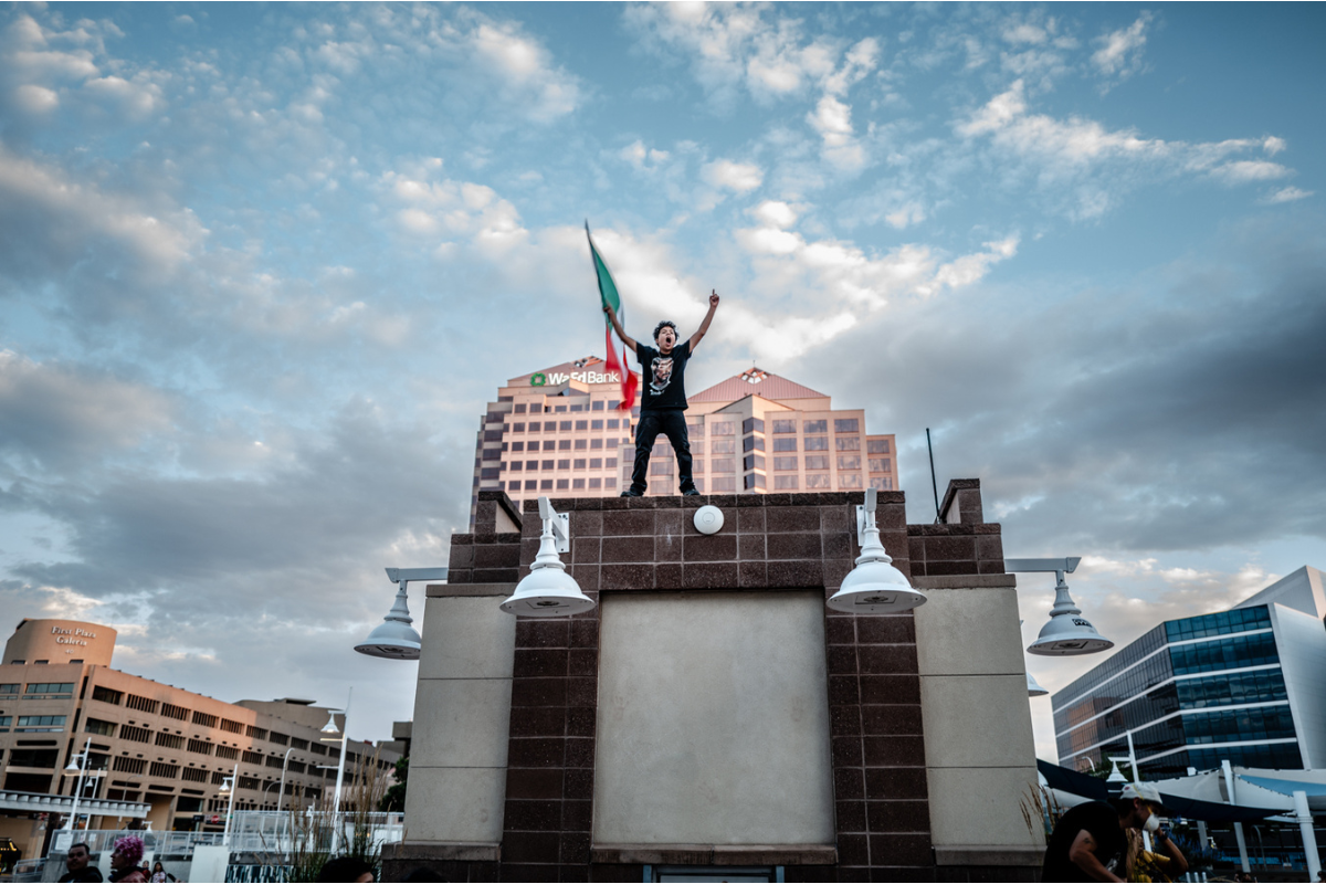 Approximately 2,000 people gathered in Downtown Albuquerque to protest federal immigration policies and call for the abolition of ICE. (Roberto E. Rosales)