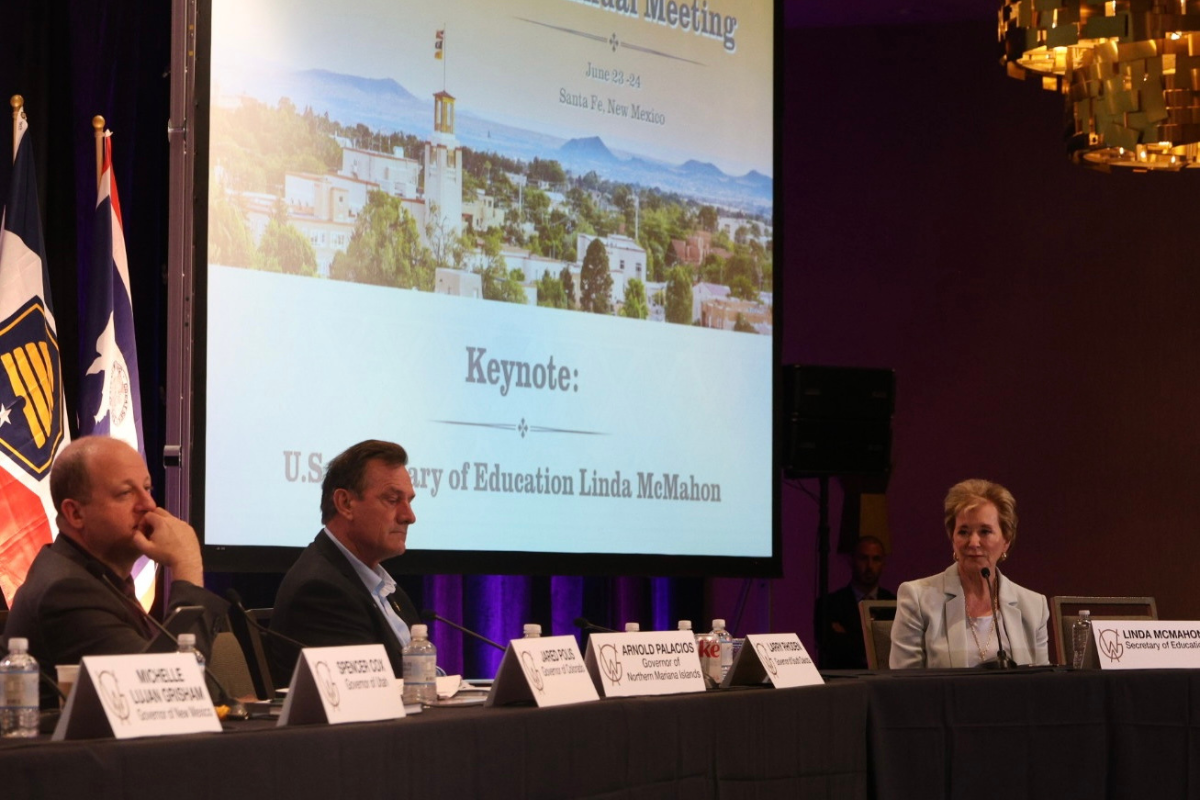 United States Education Secretary Linda McMahon, right, listens in as Western governors ask her questions about President Donald Trump’s vision for the Education Department. Also pictured are Colorado Gov. Jared Polis, left, and South Dakota Gov. Larry Rhoden, second from left. (Photo by Patrick Lohmann / Source NM)