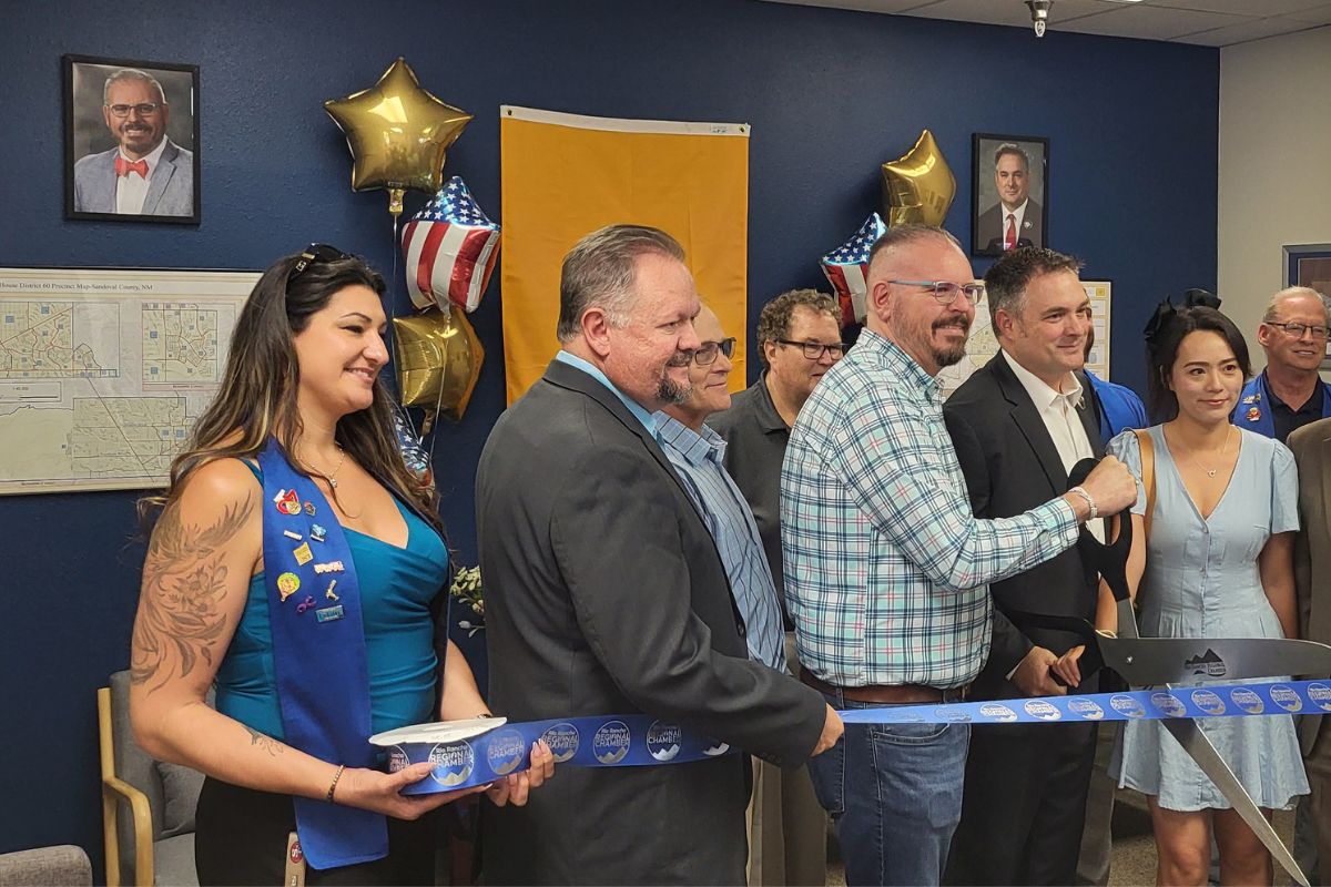 Sen. Jay Block and Rep. Joshua Hernandez cut the ribbon to celebrate the opening of their in-district legislative office in Rio Rancho. (Rodd Cayton)