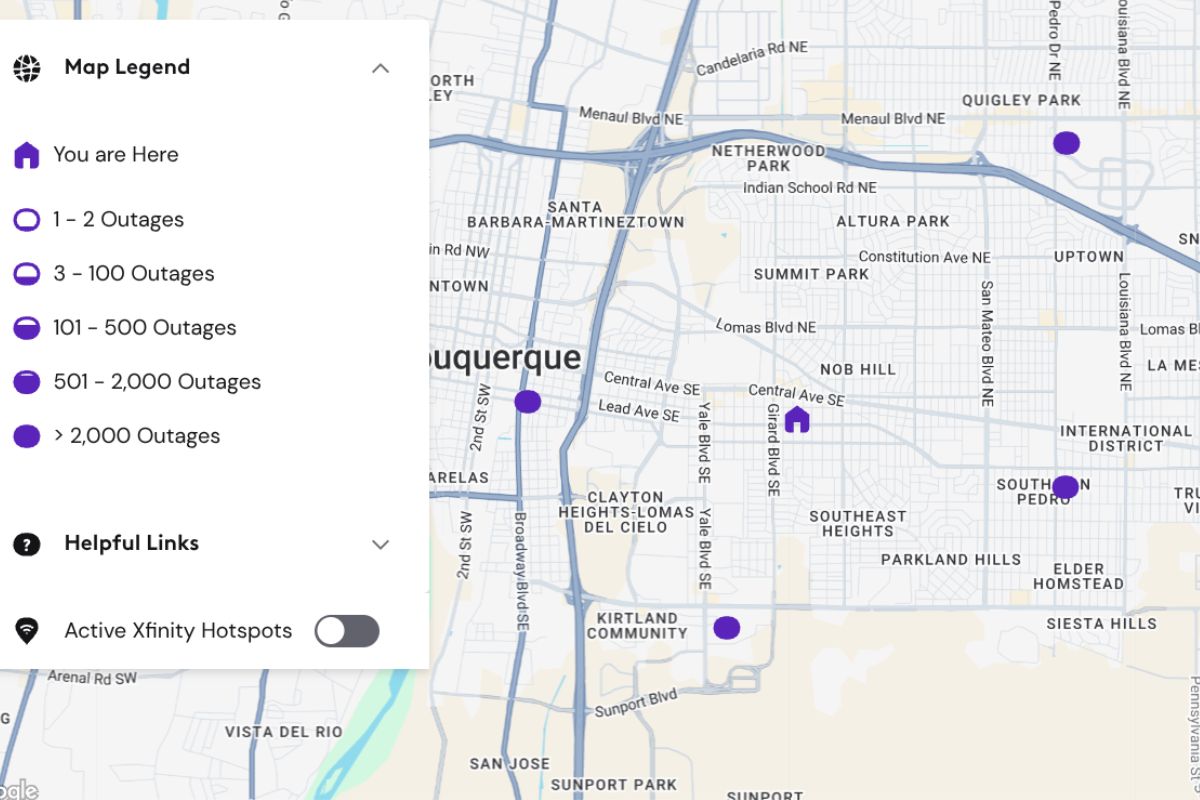 The Xfinity outage map shows outages in Nob Hill. (Xfinity)