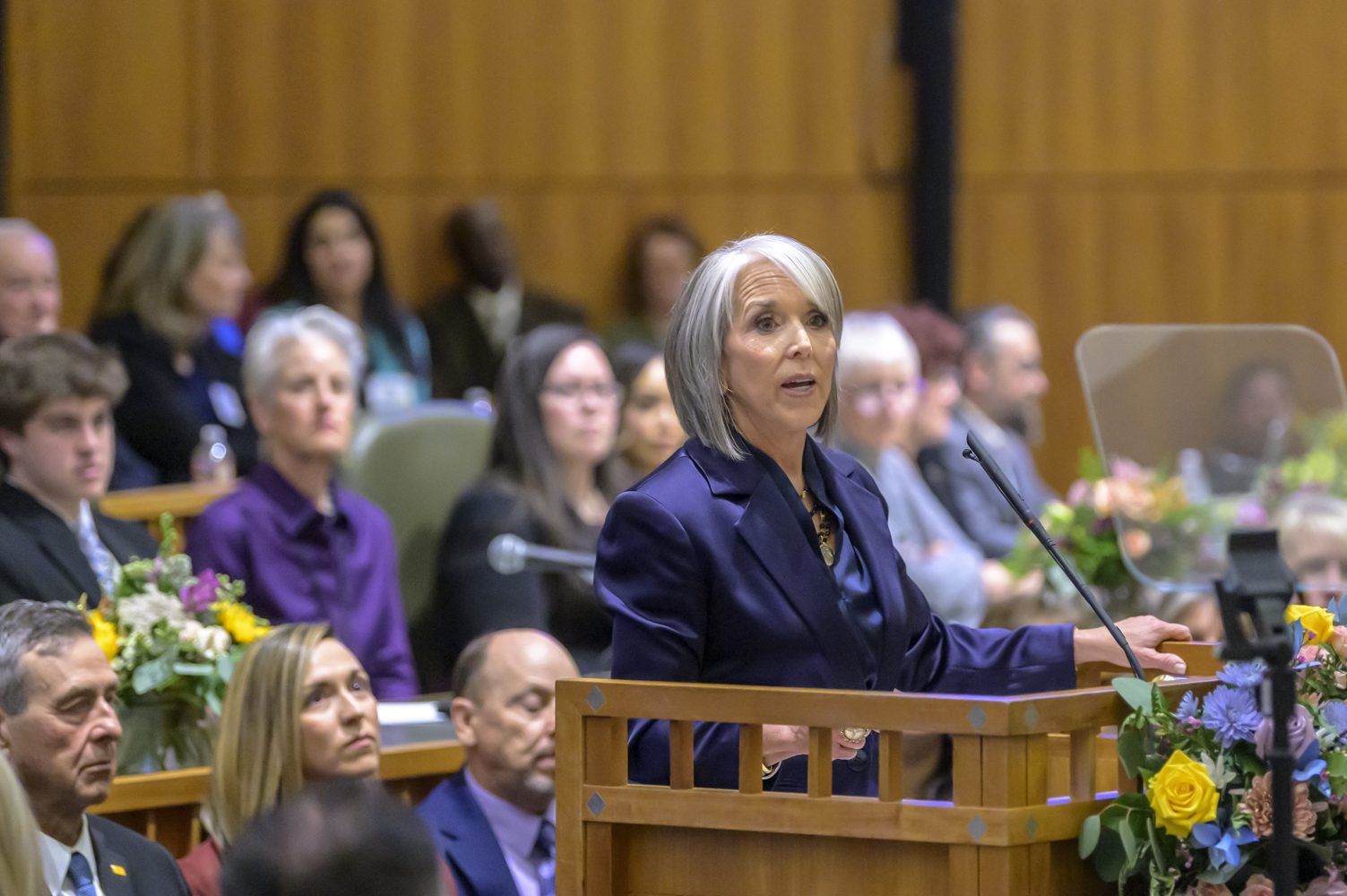 Governor Michelle Lujan Grisham gives her State of the State speech to kick off the 2025 Legislature in Santa Fe, New Mexico. Photo by Roberto E. Rosales / City Desk ABQ