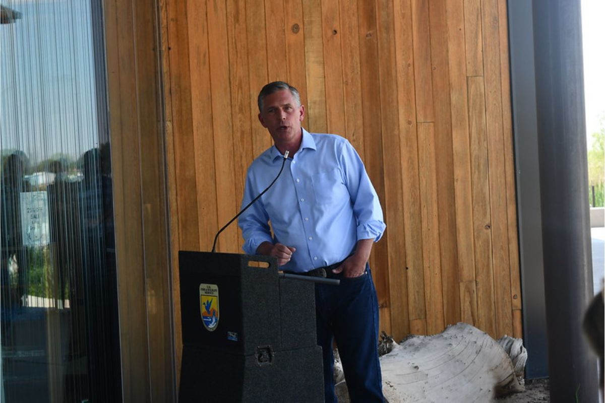 Sen. Martin Heinrich speaks to conservation leaders Friday at Valle de Oro National Wildlife Refuge to celebrate his successful efforts to prevent the sale of public lands during recent reconciliation negotiations in Congress.