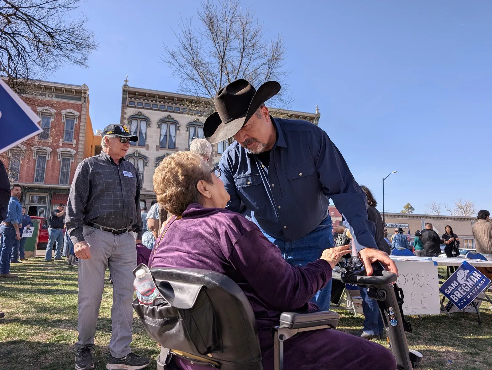Sam Bregman at his Las Vegas gubernatorial campaign announcement, speaking to Juliette Gallegos.