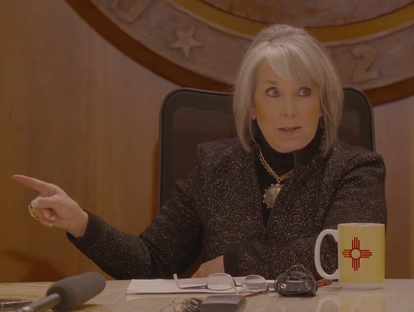 Screenshot of Gov. Michelle Lujan Grisham during a status report on December 11, 2023 on the gun safety public health order issued in September 2023.