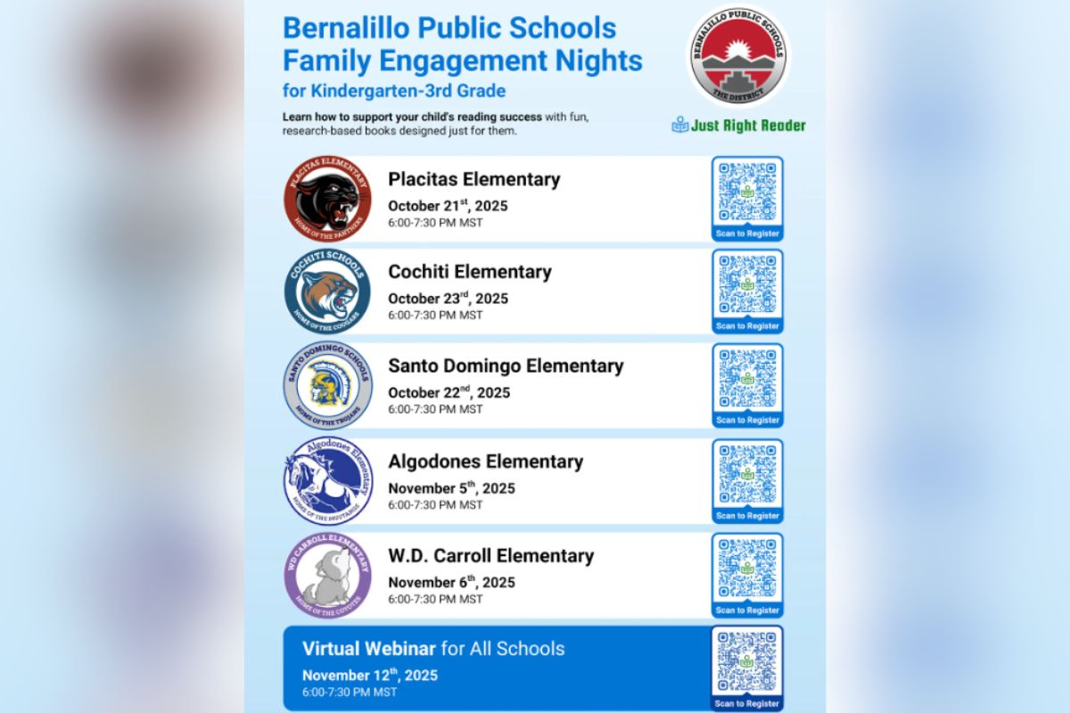 Bernalillo Public Schools will launch a series of family engagement nights focused on early literacy, with the first event scheduled for Tuesday at Placitas Elementary School, according to Just Right Reader, the education organization coordinating the initiative.