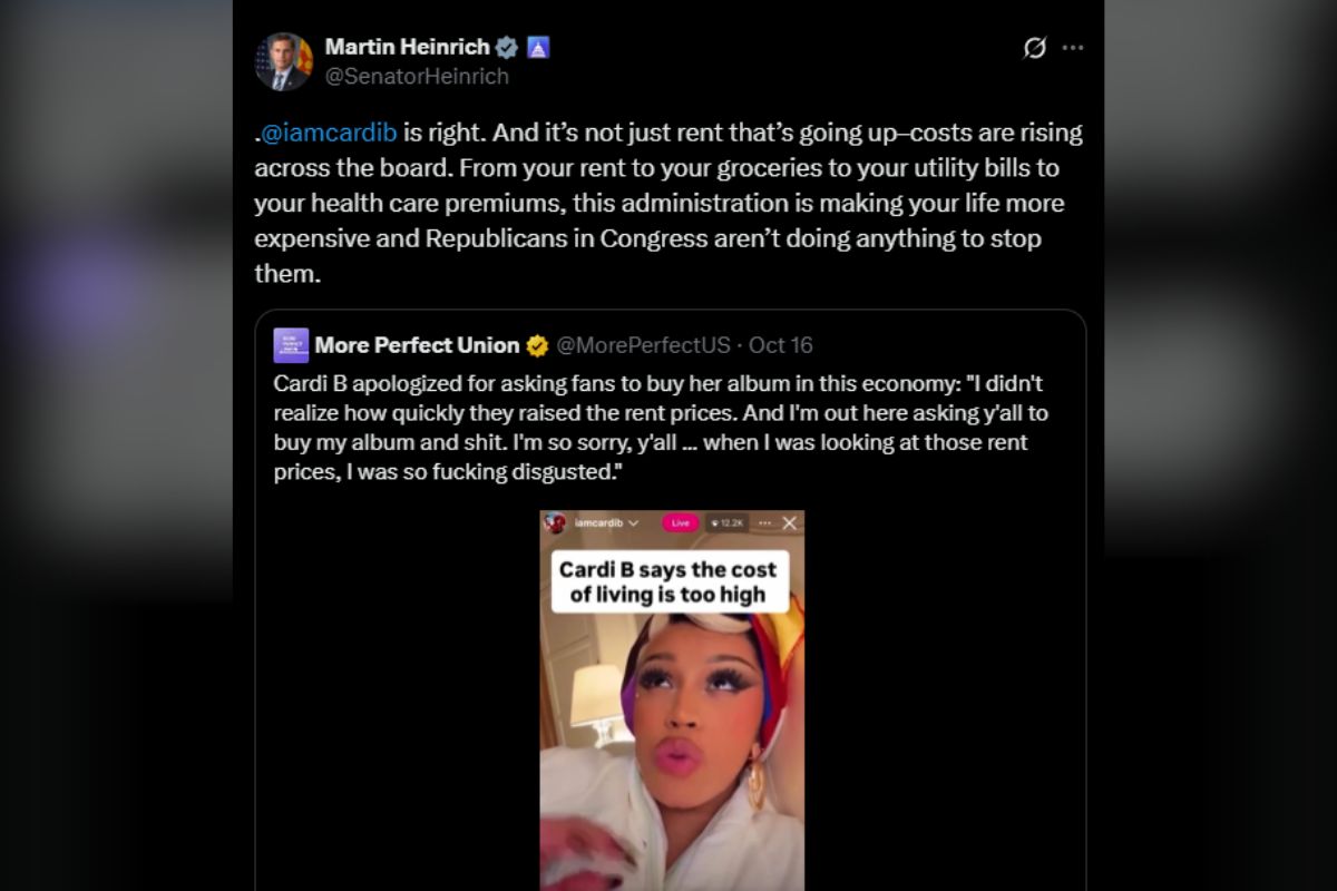 New Mexico Democratic Sen. Martin Heinrich has come to the defense of rapper Cardi B, following comments she made about the economy.