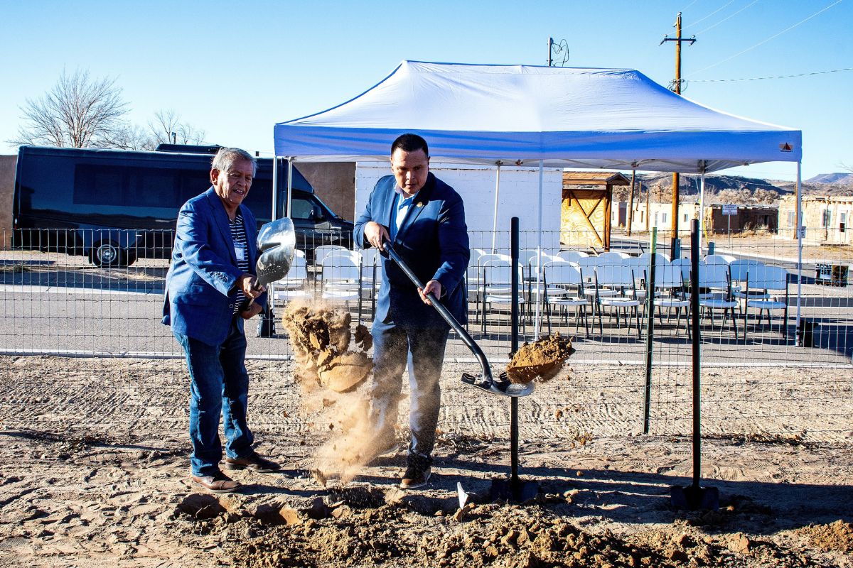 Santa Ana Pueblo Governor Myron Armijo, left, and Interim Lieutenant Governor Joe Montoya break ground on multimillion-dollar intersection project on NM 313 and Dove Rd. (Courtesy photo)